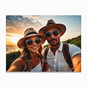 Couple Taking Selfie At Sunset Canvas Print