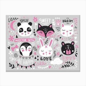 Big Set With Cute Cartoon Animals Bear Panda Bunny Penguin Cat Fox Canvas Print