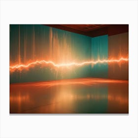 An Empty Room With A Large Screen Displaying A Digital Visualization Of A Soundwave With A Bright, Orange Glow Canvas Print