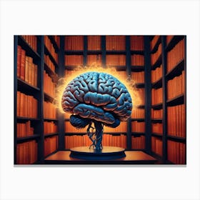 3d Illustration Of A Human Brain With Intricate Neural Pathways Highlighted In Yellow, Set In A Library With Bookshelves Canvas Print