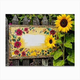 Closeup Of An Ornamental Wooden Signboard Propped Against A Rustic Fence Bright Yellow Sunflowers B (4) Canvas Print