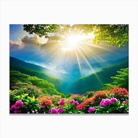 Beams Of Sunlight Filtering Through A Canopy Of Lush Green Leaves Highlighting An Explosion Of Vibr Canvas Print