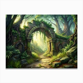 Ancient Stone Archway Leading Into A Lush Forest Canvas Print