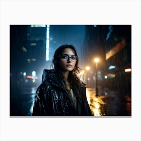 Portrait Woman With Glasses Drenched In Rain Under The Cloak Of Night Face Illuminated By A Singl Canvas Print