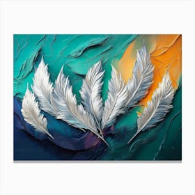 Vibrant 3d Abstract Art Teal Background Shimmering Silver Feathers Bold Volcanic Peaks Canvas Print