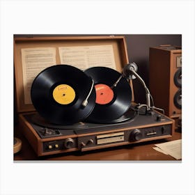 A Vintage Style Image Of A Record Player With Two Vinyl Records, A Tone Arm, And Speakers Canvas Print