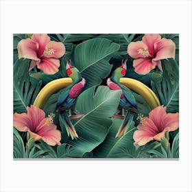 Tropical Background With Exotic Flowers, Birds, Banana Leaves, Palm, Protea, Hibiscus, Hummingbirds Canvas Print