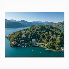 Drone view of mountain houses. Lake Orta. Italy. Canvas Print