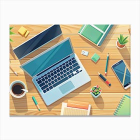 A Flat Lay Image Of A Wooden Desk With A Laptop, Tablet, Phone, Coffee Mug, Plants, Pencils, Pens, And Notebooks 1 Canvas Print