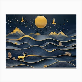 3d Blue and Golden Wave Mountains, Golden Deer and Birds Canvas Print