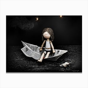 Small Stick Doll Featuring A Crestfallen Expression Seated Atop A Newspaper Crafted Paper Boat Sur Canvas Print