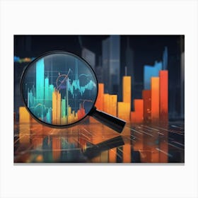 Magnifying Glass Focusing On A Rising Bar Graph, With A City Skyline In The Background, Representing Financial Analysis And Growth 2 Canvas Print