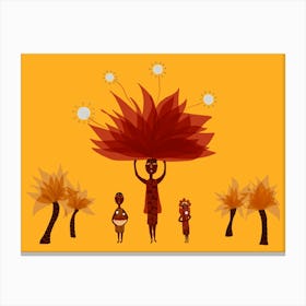 Black Woman Kids Big Flower Trees Red Yellow Canvas Print