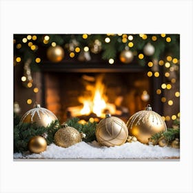 Christmas Ornaments In Front Of Fireplace Canvas Print