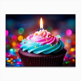 Cupcake With Vibrant Swirls Of Pink Blue And Green Frosting Single Lit Candle Atop Celebrating A 2 1 Canvas Print