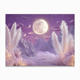 Dreamy 3d Surrealist Art with Soft Lilac Background Elegant Ivory Feathers Celestial Ranges and Luminous Canvas Print