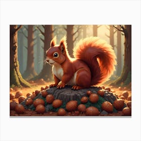 Red Squirrel Sitting On A Log Surrounded By Acorns In A Forest 3 Canvas Print