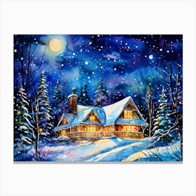 Snow Covered Winter World Sparkling Under Moonlight House On The Forest Edge Adorned With Twinklin Toile