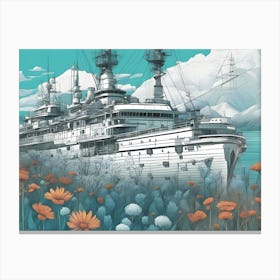Ship Among Icy Hills And Wildflowers Canvas Print