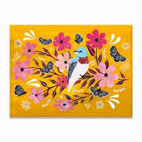 Blue Bird On A Yellow Background Canvas Print