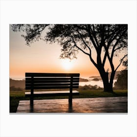 Park Bench With Sunset On The Beach Canvas Print