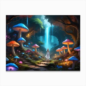 Woman Walking Through A Mystical Forest With Glowing Mushrooms And A Waterfall 9 Canvas Print