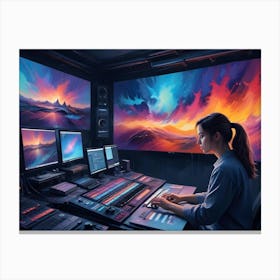 Woman Artist Working In A Digital Art Studio With Colorful Abstract Displays Canvas Print