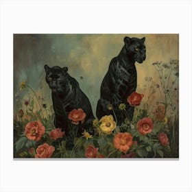 Floral Animal Illustration Black Panther 3 Canvas Print