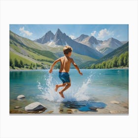 Boy Jumping Into Lake Canvas Print