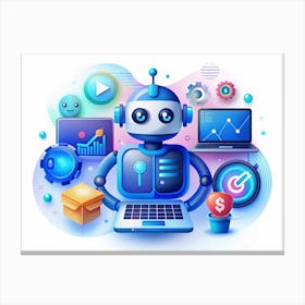 Blue Robot With Laptop And Other Tech Items Canvas Print