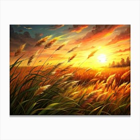 Golden Sunset Over A Field Of Tall Grass Canvas Print