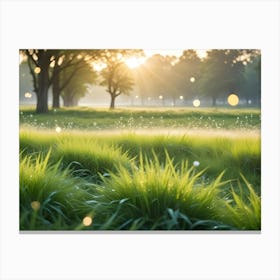 A Field Of Green Grass With A Blurred Background Of Trees And A Sunlit Sky, Creating A Peaceful And Serene Natural Scene 1 Canvas Print