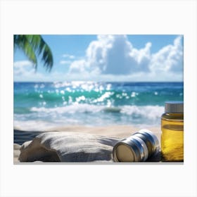 Bottle Of Oil On The Beach Canvas Print