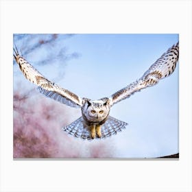 White Owl With A Gentle Expression And Peaceful Smile Spreading Its Wings Along Its Sides Perched Canvas Print