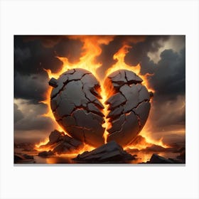 A Dramatic Image Of A Broken, Stone Heart In Flames, Set Against A Dark And Stormy Sky Canvas Print