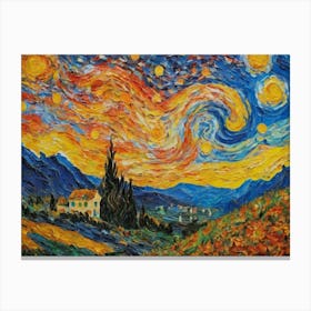 Country Village And Starry Night Canvas Print