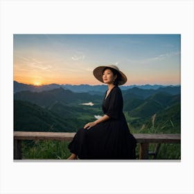 Evening View Of An Asian Woman Perched Solo On A Wooden Terrace Decked In A Summer Hat Her Black At (5) Canvas Print