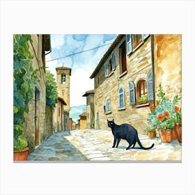 Black Cat In Arezzo, Italy, Street Art Watercolour Painting 4 Canvas Print