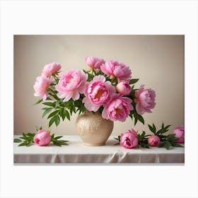 Beautiful Bouquet Of Pink Peonies In A Beige Vase On A Table With A Soft, Romantic Background, Perfect For A Spring Or Mother S Day Theme Canvas Print