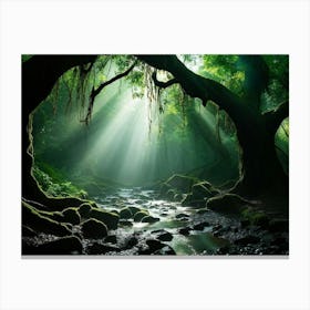 A Winding Path Carved Through An Ancient Forest Lush Greens Enveloping The Trail A Solitary Tree W (4) Canvas Print