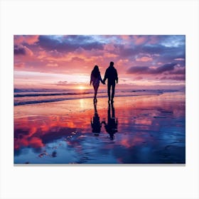 Couple Holding Hands On Beach At Sunset Canvas Print