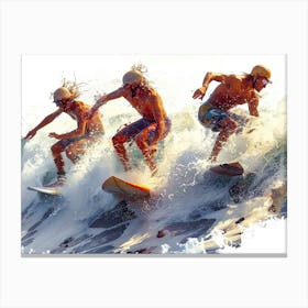 Surfers Riding A Wave Canvas Print