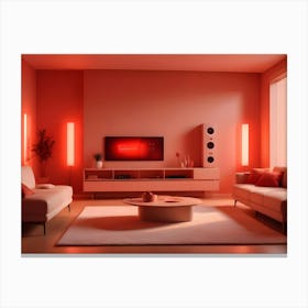 A Modern Living Room Interior With A White Sofa, Two Armchairs, And Red Accent Lighting, Creating A Cozy And Inviting Atmosphere Canvas Print