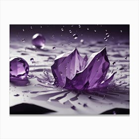 A Purple Crystal Structure Splashes Into A Liquid Surface, Creating Ripples And Droplets, With A Smaller Sphere Nearby Canvas Print