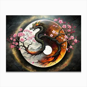 Yin Yang Symbol With Dragon And Cherry Blossom Tree Canvas Print