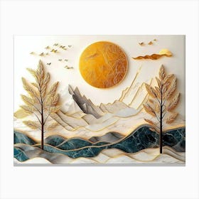 Modern Landscape with Leaves Tree, Golden Lines, Golden Sun and Mountain Canvas Print