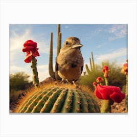 Cactus With Flowers and Bird Canvas Print