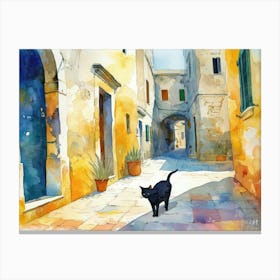 Black Cat In Puglia, Italy, Street Art Watercolour Painting 3 Canvas Print