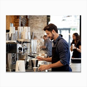 Barista Focused On Pouring Water Into A Step By Step Dripper Amid The Bustling Ambiance Of A Busy C (2) Canvas Print