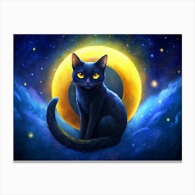 Black Cat Sitting On A Yellow Moon In A Starry Night Canvas Print